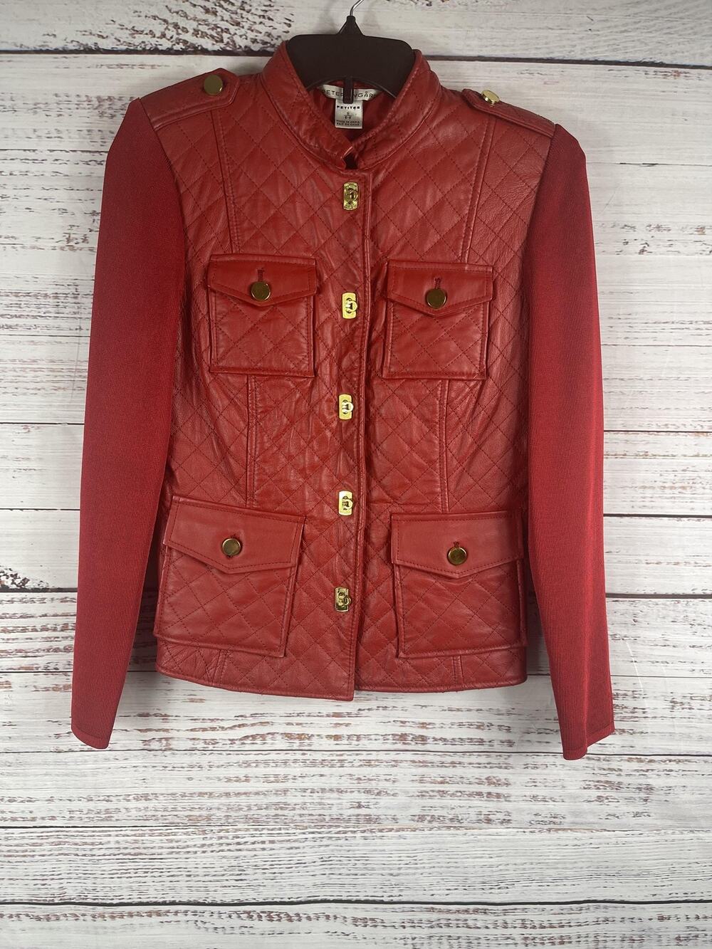 Peter Nygard Jacket Women's SZ S Red Quilted Leather Knit Military Moto Pockets